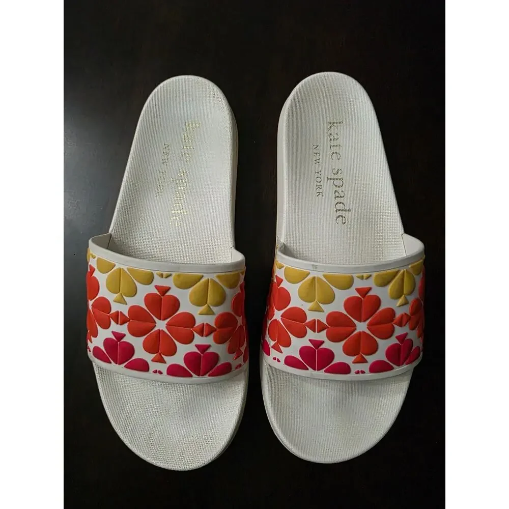 Kate Spade New York Olympia Slide Pink Orange Yellow Spade Logo Sandals Size 7